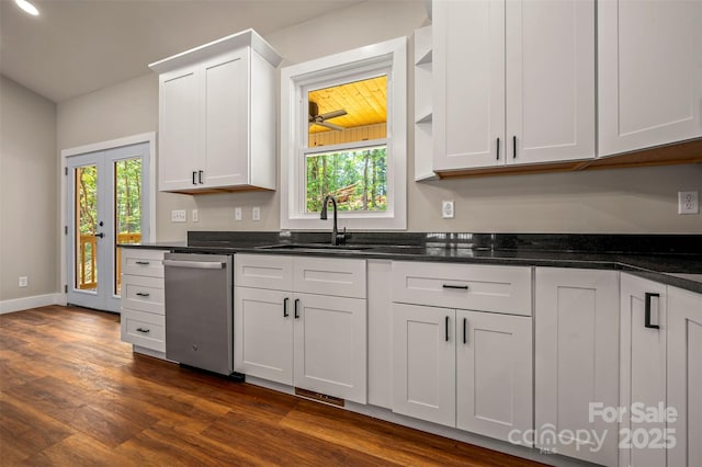 626 Felmet Rd, Flat Rock, NC 28731 - kitchen with dishwasher, plenty of natural light, dark wood-style floors, white cabinets, and recessed lighting