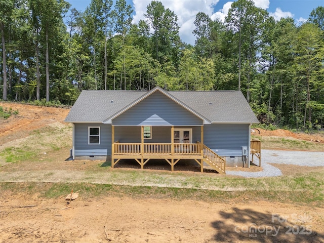 626 Felmet Rd, Flat Rock, NC 28731 - rear view of property with crawl space, roof with shingles, a wooden deck, and french doors