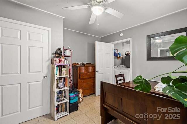 921 N Jackson St, Salisbury, NC 28144 - bedroom with washing machine and clothes dryer, light tile patterned flooring, and ceiling fan