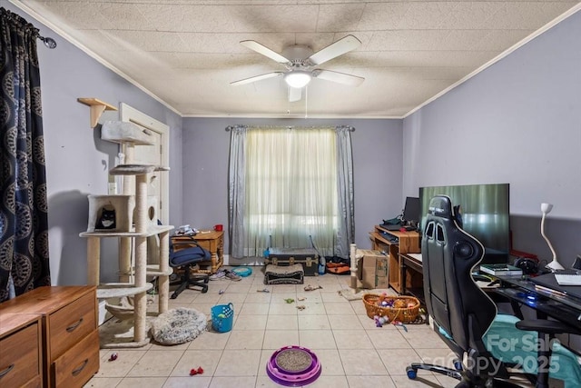 921 N Jackson St, Salisbury, NC 28144 - home office with crown molding, ceiling fan, and light tile patterned floors