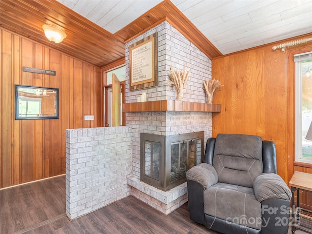 90 Hemlock Hill Hts, Canton, NC 28716 - sitting room with wood ceiling, wooden walls, dark wood-style flooring, a fireplace, and lofted ceiling
