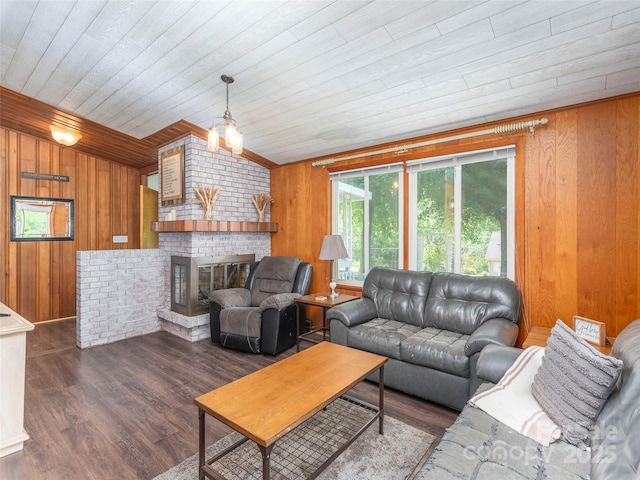 90 Hemlock Hill Hts, Canton, NC 28716 - living area featuring wood walls, wood ceiling, wood finished floors, and a fireplace