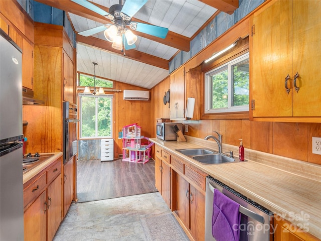 90 Hemlock Hill Hts, Canton, NC 28716 - kitchen featuring appliances with stainless steel finishes, plenty of natural light, light countertops, a wall mounted air conditioner, and wooden ceiling