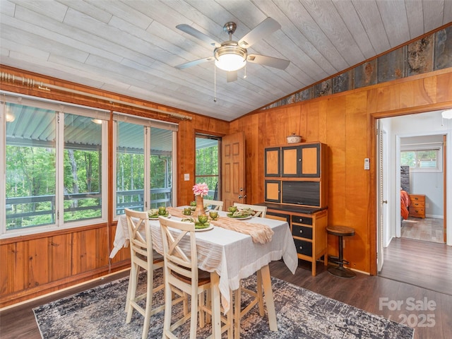 90 Hemlock Hill Hts, Canton, NC 28716 - dining space with wood ceiling, wood walls, a ceiling fan, dark wood-style floors, and vaulted ceiling