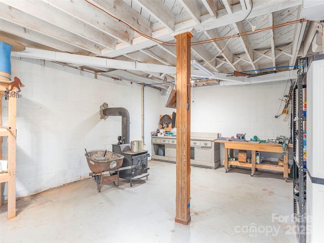 90 Hemlock Hill Hts, Canton, NC 28716 - unfinished basement featuring a workshop area, concrete block wall, and a wood stove