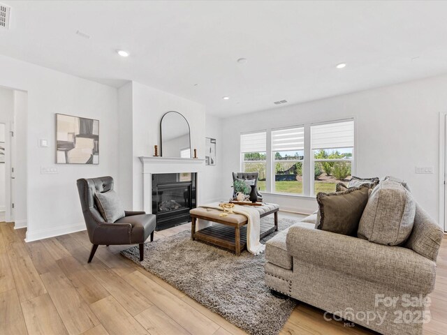 1516 Respect St NW, Concord, NC 28027 - living area featuring light wood finished floors, a glass covered fireplace, and recessed lighting