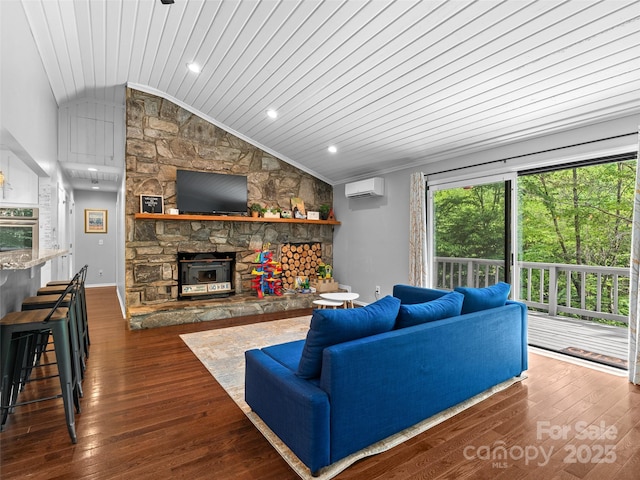 220 Deer Run Rd, Canton, NC 28716 - living area with vaulted ceiling, a wall mounted air conditioner, dark wood-type flooring, a fireplace, and wood ceiling