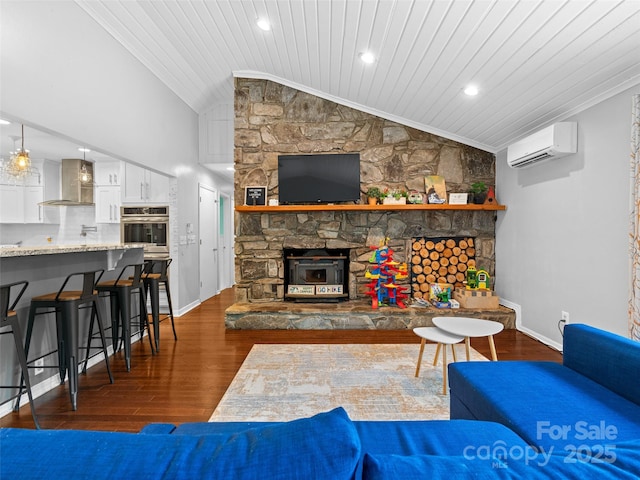 220 Deer Run Rd, Canton, NC 28716 - living area with a wall mounted air conditioner, vaulted ceiling, a stone fireplace, dark wood-style floors, and wooden ceiling
