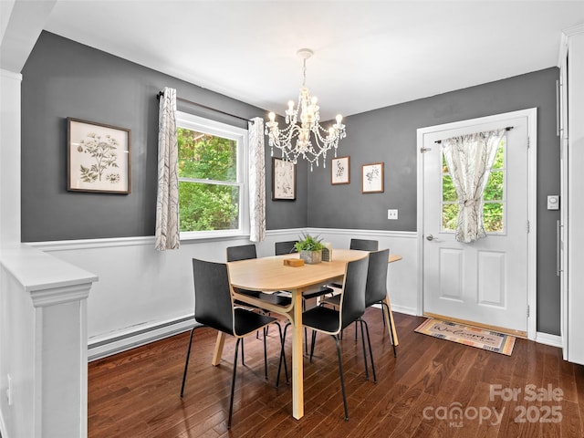 220 Deer Run Rd, Canton, NC 28716 - dining area with baseboard heating, a chandelier, dark wood-type flooring, and a wainscoted wall