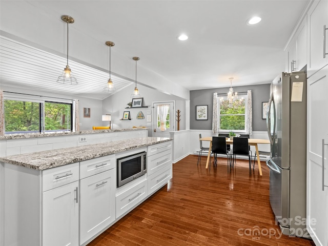 220 Deer Run Rd, Canton, NC 28716 - kitchen featuring appliances with stainless steel finishes, white cabinetry, decorative light fixtures, dark wood-style floors, and recessed lighting