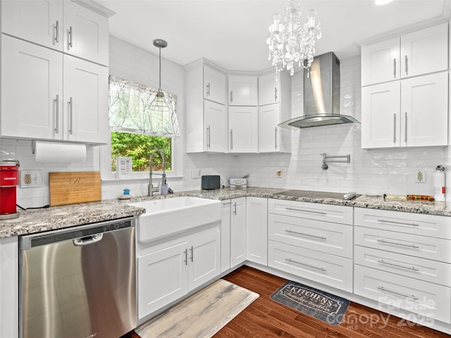 220 Deer Run Rd, Canton, NC 28716 - kitchen with stainless steel dishwasher, wall chimney exhaust hood, a chandelier, white cabinets, and dark wood-style floors