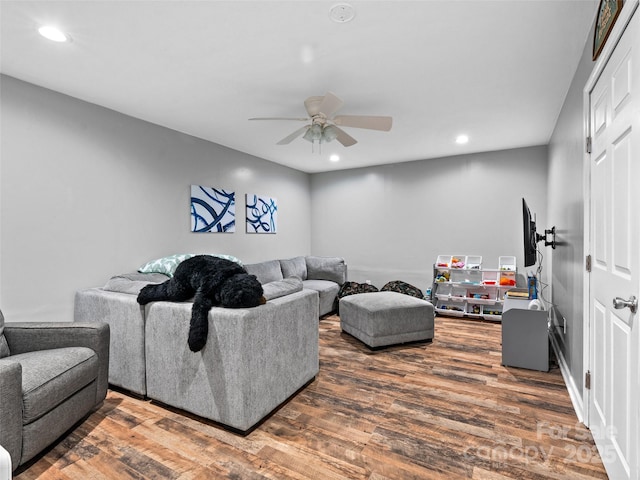 220 Deer Run Rd, Canton, NC 28716 - living room with a ceiling fan, wood finished floors, and recessed lighting