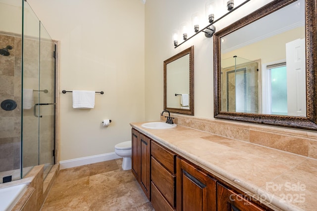 975 Pine Knoll Rd, Fort Mill, SC 29715 - bathroom with a shower stall, vanity, and ornamental molding