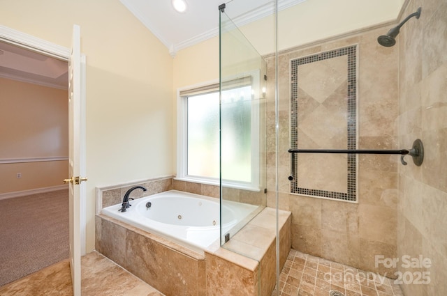 975 Pine Knoll Rd, Fort Mill, SC 29715 - bathroom with ornamental molding, a tile shower, and a jetted tub