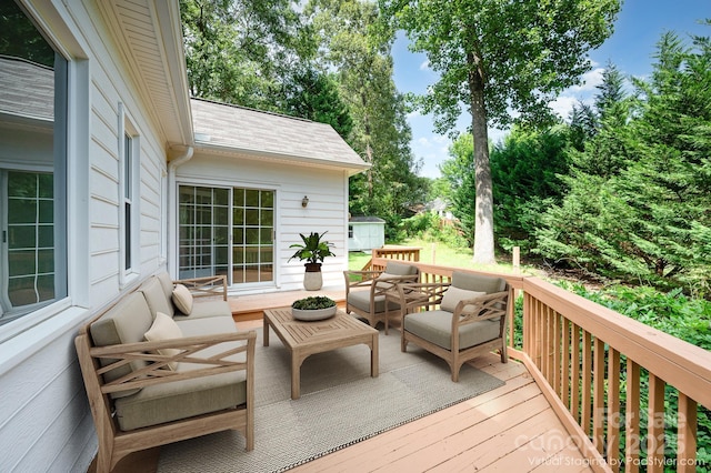 975 Pine Knoll Rd, Fort Mill, SC 29715 - wooden terrace featuring outdoor lounge area and a storage shed
