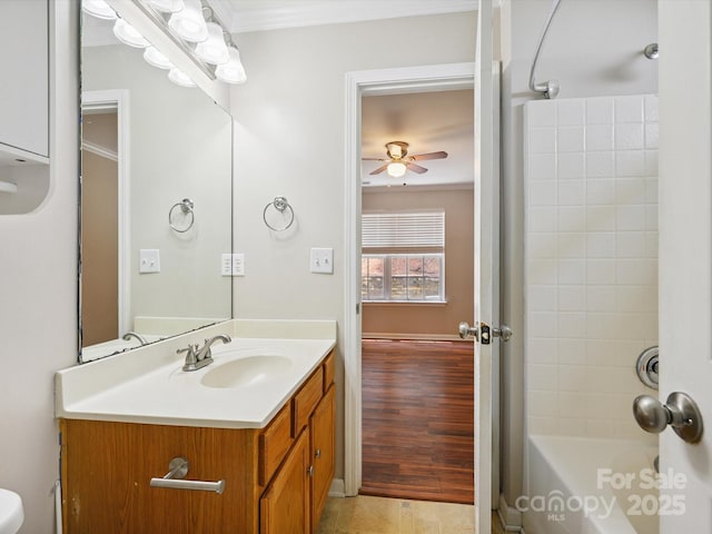 3830 Brookchase Ln, Charlotte, NC 28205 - bathroom with ceiling fan, vanity, shower / tub combination, and crown molding