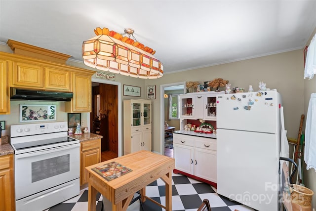 25 Wall Rd, Tryon, NC 28782 - kitchen featuring white appliances, under cabinet range hood, tile patterned floors, and crown molding