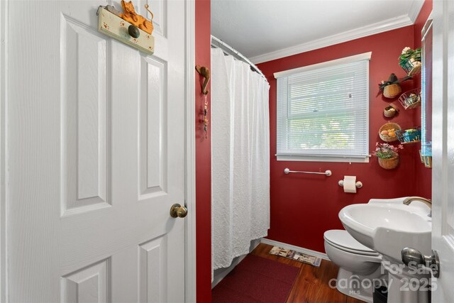25 Wall Rd, Tryon, NC 28782 - bathroom featuring wood finished floors, ornamental molding, and a shower with curtain