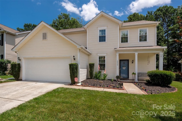 6422 Gatesville Ln, Charlotte, NC 28270 - traditional-style house featuring an attached garage, concrete driveway, a porch, and a front lawn