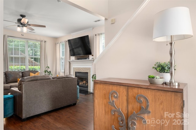 6422 Gatesville Ln, Charlotte, NC 28270 - living room with ceiling fan, dark wood-style floors, and a fireplace