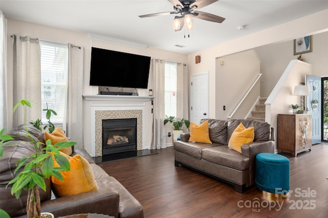6422 Gatesville Ln, Charlotte, NC 28270 - living area featuring wood finished floors, ceiling fan, stairway, and a fireplace