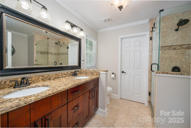 6422 Gatesville Ln, Charlotte, NC 28270 - full bathroom with a stall shower, double vanity, and crown molding