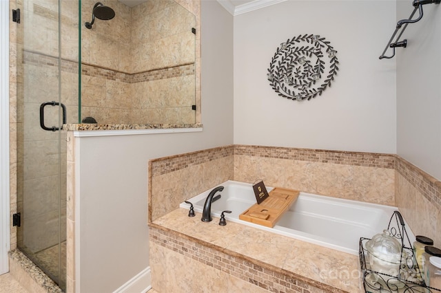 6422 Gatesville Ln, Charlotte, NC 28270 - full bathroom featuring a shower stall, a garden tub, and crown molding