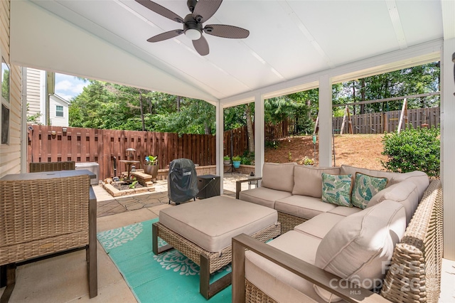 6422 Gatesville Ln, Charlotte, NC 28270 - fenced backyard with an outdoor hangout area, a patio, and a ceiling fan