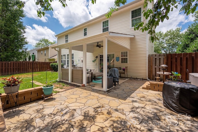 6422 Gatesville Ln, Charlotte, NC 28270 - rear view of property with ceiling fan, a patio, a fenced backyard, and an outdoor hangout area