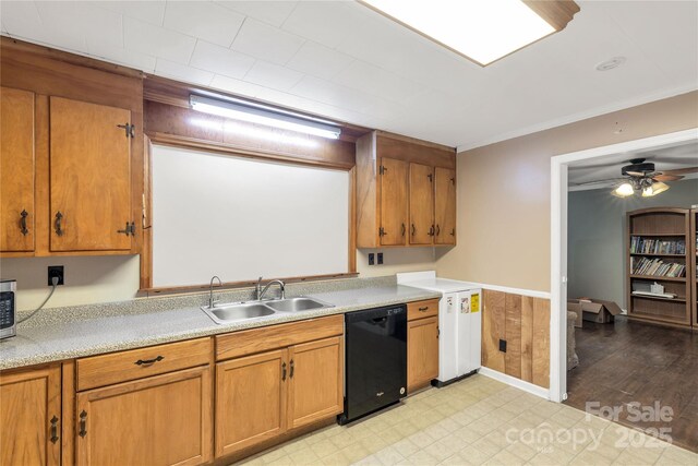 6115 Campbell Rd, York, SC 29745 - kitchen with black dishwasher, brown cabinetry, light countertops, stainless steel microwave, and ceiling fan