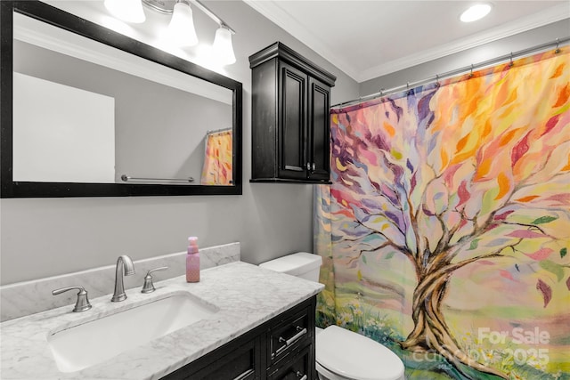 6115 Campbell Rd, York, SC 29745 - bathroom featuring vanity, ornamental molding, a shower with curtain, and recessed lighting