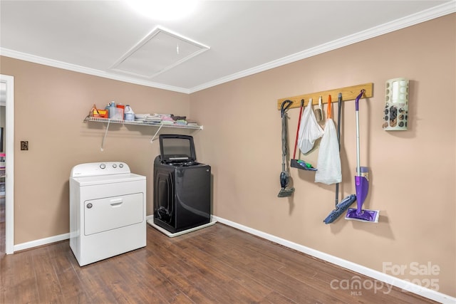 6115 Campbell Rd, York, SC 29745 - laundry area featuring washer and clothes dryer, attic access, wood finished floors, and crown molding