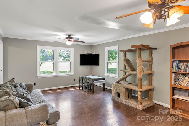 6115 Campbell Rd, York, SC 29745 - living area featuring a ceiling fan, plenty of natural light, ornamental molding, and dark wood finished floors