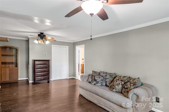 6115 Campbell Rd, York, SC 29745 - living area featuring a ceiling fan, crown molding, and dark wood finished floors