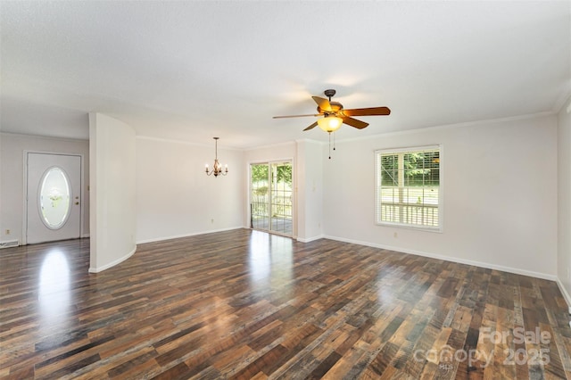 508 Bridgestone Ln, Rock Hill, SC 29730 - unfurnished living room with a chandelier, dark wood finished floors, a ceiling fan, and crown molding