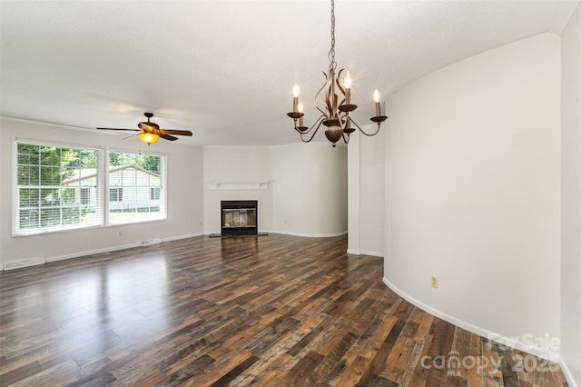 508 Bridgestone Ln, Rock Hill, SC 29730 - unfurnished living room featuring dark wood finished floors, a ceiling fan, a glass covered fireplace, and a chandelier