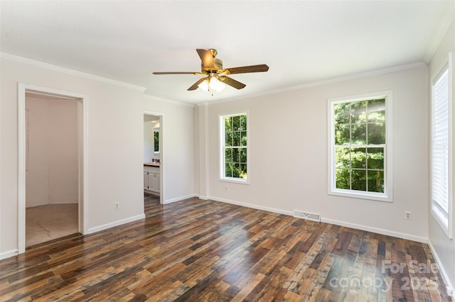 508 Bridgestone Ln, Rock Hill, SC 29730 - unfurnished bedroom featuring dark wood-style floors, multiple windows, crown molding, ceiling fan, and ensuite bath