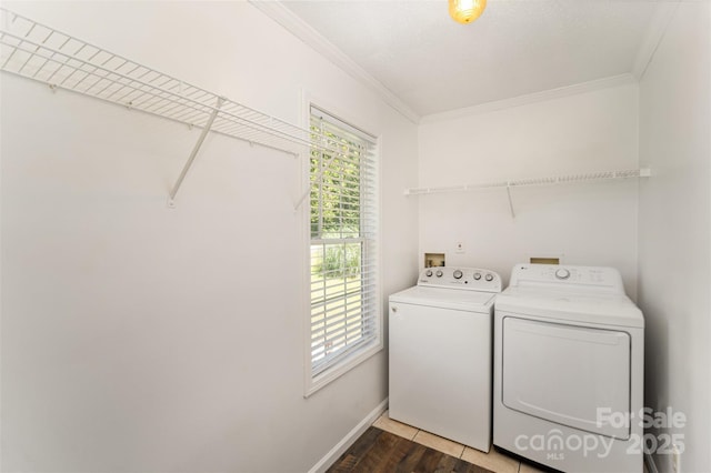 508 Bridgestone Ln, Rock Hill, SC 29730 - washroom with independent washer and dryer, ornamental molding, and wood finished floors