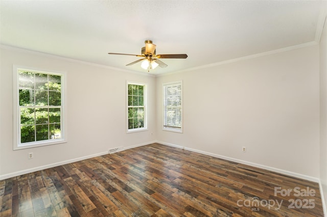 508 Bridgestone Ln, Rock Hill, SC 29730 - empty room featuring a ceiling fan, ornamental molding, and dark wood-style floors