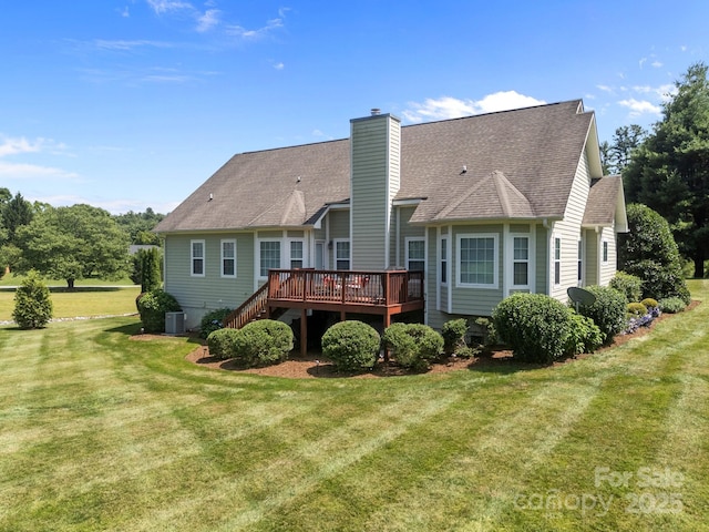 1006 Pin Oak Trl Unit 5, Hendersonville, NC 28739 - rear view of house with a wooden deck, a yard, a chimney, and roof with shingles
