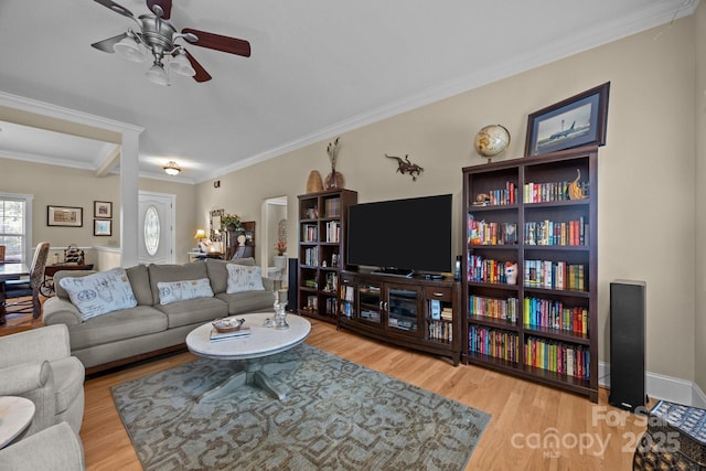 1006 Pin Oak Trl Unit 5, Hendersonville, NC 28739 - living room with a ceiling fan, wood finished floors, and crown molding