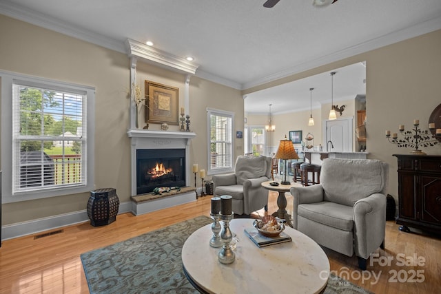1006 Pin Oak Trl Unit 5, Hendersonville, NC 28739 - living area featuring crown molding, plenty of natural light, wood finished floors, a lit fireplace, and recessed lighting