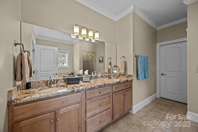 1006 Pin Oak Trl Unit 5, Hendersonville, NC 28739 - full bathroom featuring a shower stall, crown molding, double vanity, and tile patterned floors