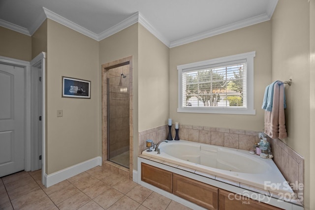1006 Pin Oak Trl Unit 5, Hendersonville, NC 28739 - bathroom with a stall shower, a jetted tub, ornamental molding, and tile patterned floors