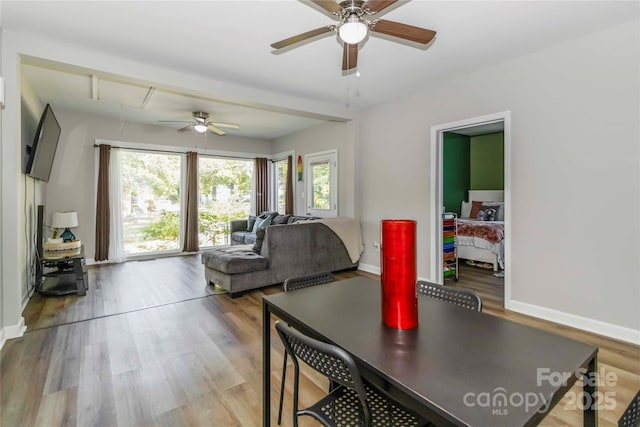 202 Gum St, Pageland, SC 29728 - living room featuring attic access, ceiling fan, and wood finished floors