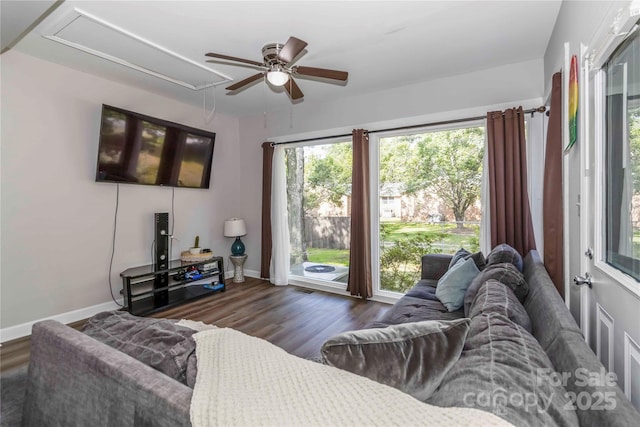202 Gum St, Pageland, SC 29728 - living area with attic access, wood finished floors, and a ceiling fan