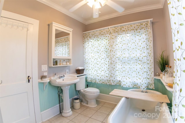 102 Cuthberson St, Morganton, NC 28655 - bathroom featuring ceiling fan, tile patterned floors, crown molding, and a bath
