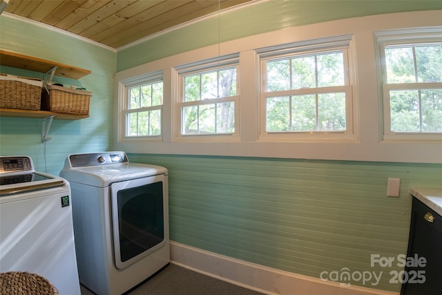 102 Cuthberson St, Morganton, NC 28655 - laundry area featuring washing machine and dryer and wood ceiling