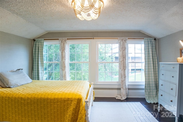 102 Cuthberson St, Morganton, NC 28655 - bedroom featuring lofted ceiling, dark wood-style floors, multiple windows, a textured ceiling, and a chandelier