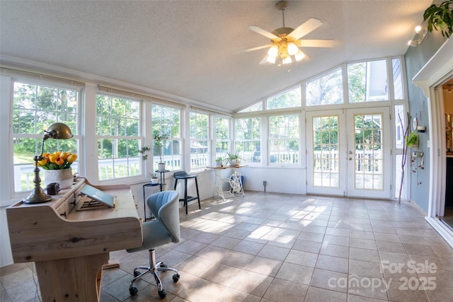 102 Cuthberson St, Morganton, NC 28655 - office space featuring ceiling fan, plenty of natural light, tile patterned floors, lofted ceiling, and a textured ceiling